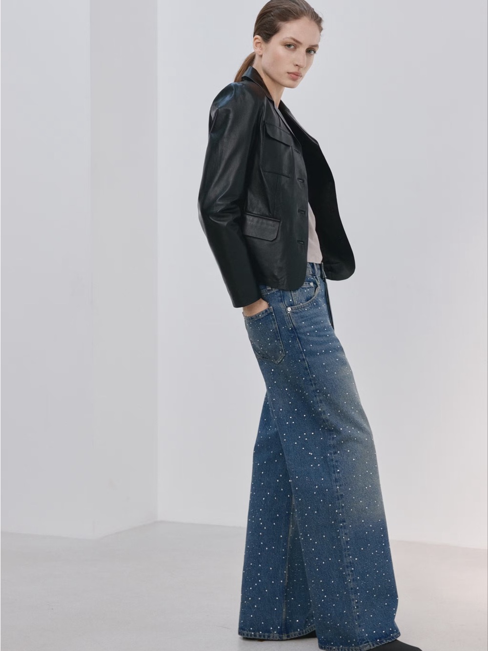 NWT (size 10) MANGO WIDE LEG JEANS WITH RHINESTONES - Picture 2 of 12